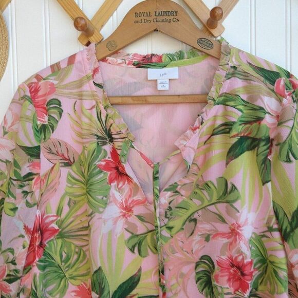 J Jill Pink Tropical Print Chiffon Tunic Top Size MP Hawaiian Tassels 3/4 Sleeve - Picture 3 of 11